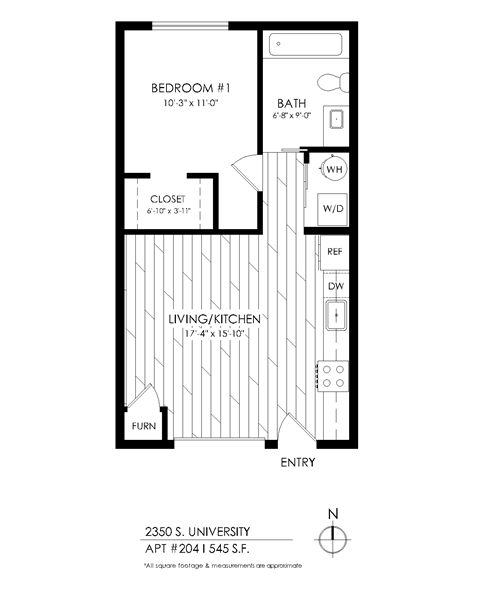 Floor plan for 1 bed, 1 bath, 545 sqft